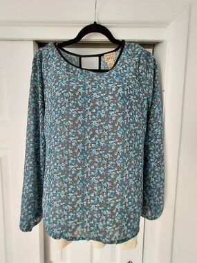 eyelash couture Blue Floral Long Sleeve Blouse with Black Trim